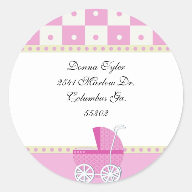 Yellow and Pink Baby Carriage Address Stickers (Front)