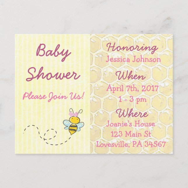 Yellow and Pink Bumblebee Baby Shower Invitation (Front)