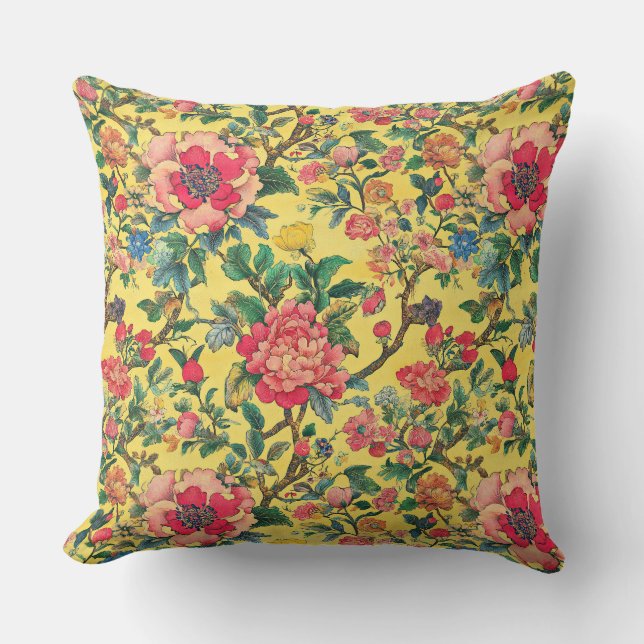 Yellow and Pink Chinoiserie Floral Throw Pillow (Front)