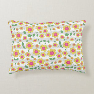Yellow and pink daisy floral kids drawing  accent pillow