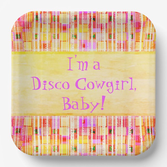 Yellow and Pink Disco Cowgirl Fringe Paper Plate (Front)