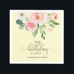 Yellow and Pink Floral 80th Birthday Party Napkin<br><div class="desc">Pretty and feminine, this 80th birthday party napkin has a cheerful color scheme of pastel yellow, blush pink and white. A beautiful bouquet of watercolor roses highlights the top of the design with feminine appeal. The word "birthday" is spelled out with a whimsical calligraphy typeface that is utterly charming. Personalize...</div>
