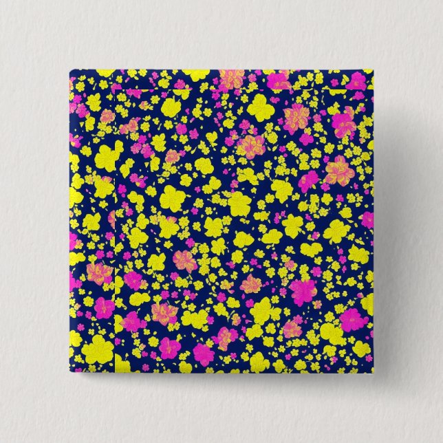 Yellow and pink flower patterns on dark blue backg 2 inch square button (Front)