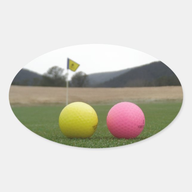yellow and pink golf balls, oval sticker (Front)