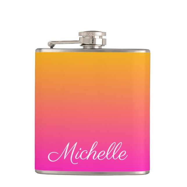 Yellow and pink gradient ombre hip flask (Front)