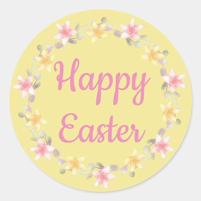 Yellow and Pink "Happy Easter" Floral Wreath Classic Round Sticker (Front)