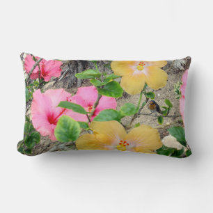 Yellow And Pink Hibiscus Flower,Lumbar Cushion. Lumbar Pillow