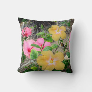 Yellow And Pink Hibiscus Flower, Throw Cushion. Pillow