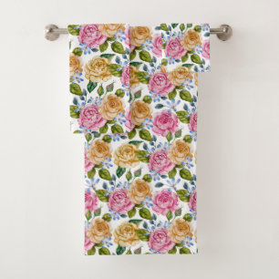 Yellow And Pink Roses Bath Towel Set