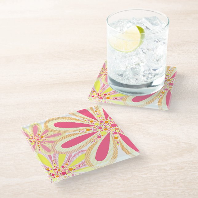 Yellow and Pink Spring Flowers Glass Coaster (Angled)