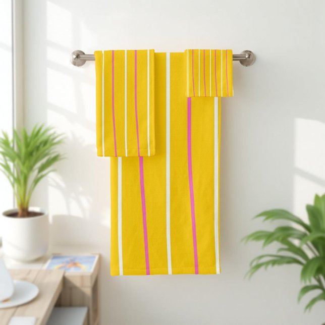Yellow and Pink Stripes Pattern Elegant, Stylish Bath Towel Set (Creator Uploaded)