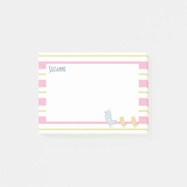 Yellow And Pink Stripes With Birds Post-it Notes (Front)