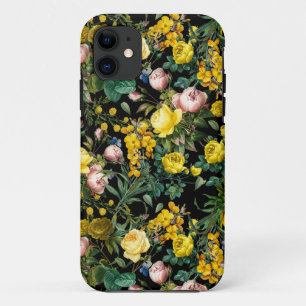 Yellow and pink vintage rose garden night pattern iPhone 11 case