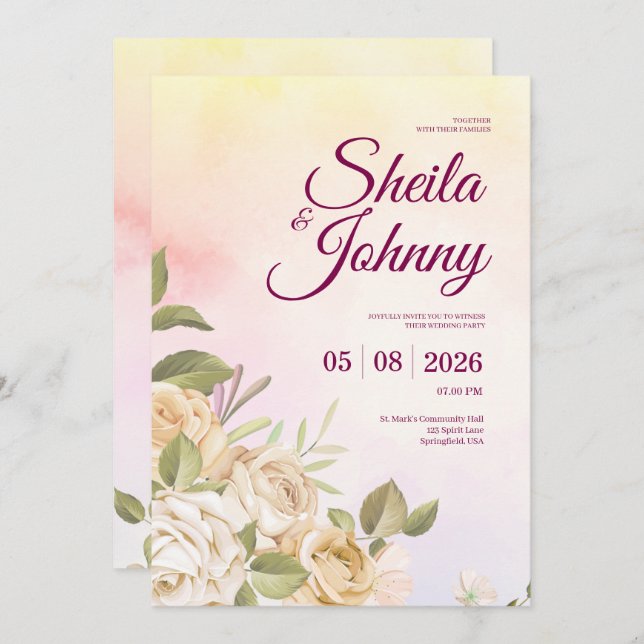 Yellow and Pink Watercolor Elegance Wedding Invitation (Front/Back)