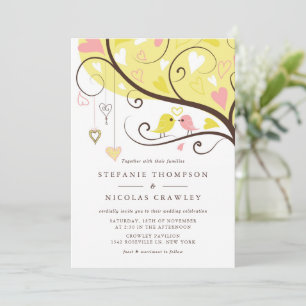 Yellow and Pink Whimsical Lovebirds Wedding Invitation