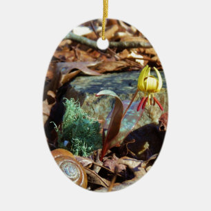 Yellow and Plum Trout Lily and Snail Shell Ceramic Ornament