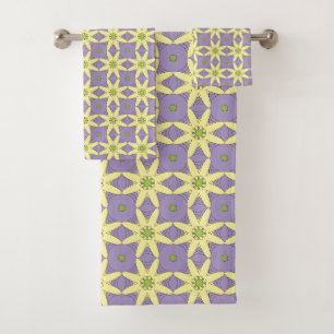 Yellow and purple geometric floral patterned  bath towel set