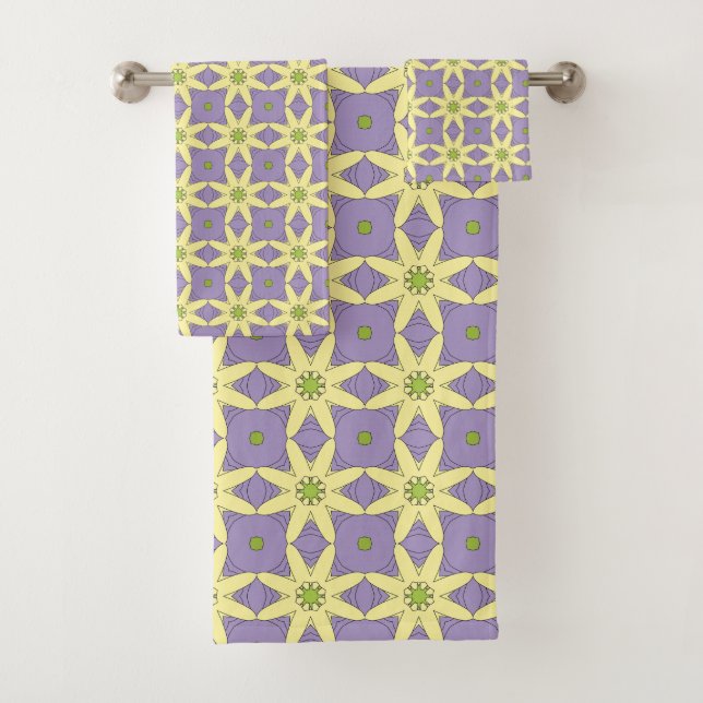 Yellow and purple geometric floral patterned  bath towel set (Insitu)