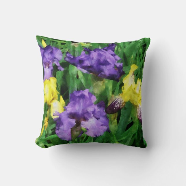 Yellow and Purple Irises Throw Pillow (Front)