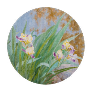 Yellow and Purple Irises with Golden Light Cutting Board