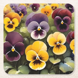 Yellow and purple pansies watercolor painting square paper coaster
