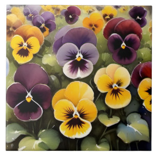 Yellow and purple pansies watercolor painting tile