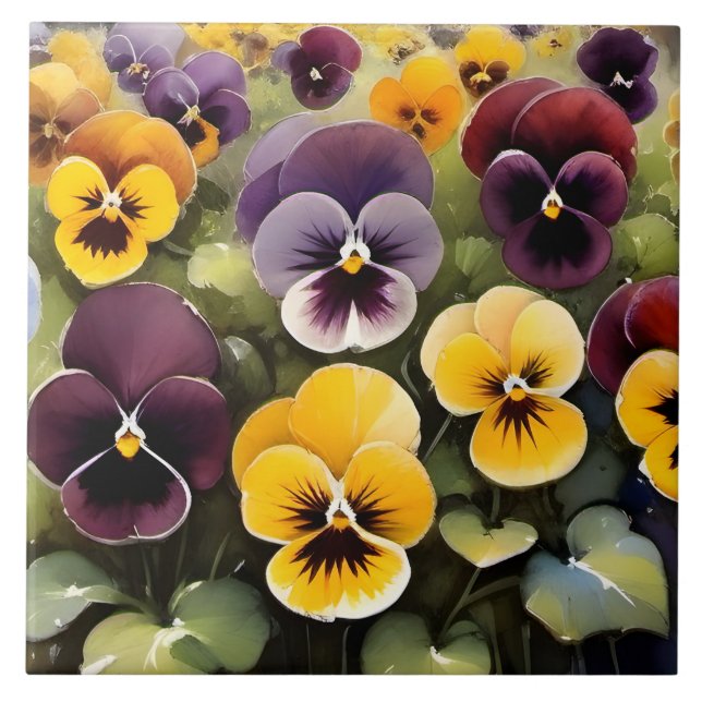 Yellow and purple pansies watercolor painting tile (Front)