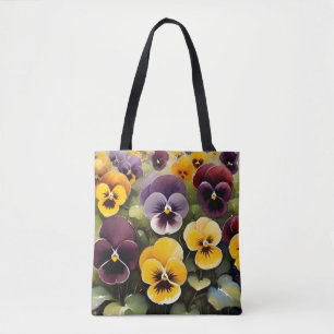 Yellow and purple pansies watercolor painting tote bag
