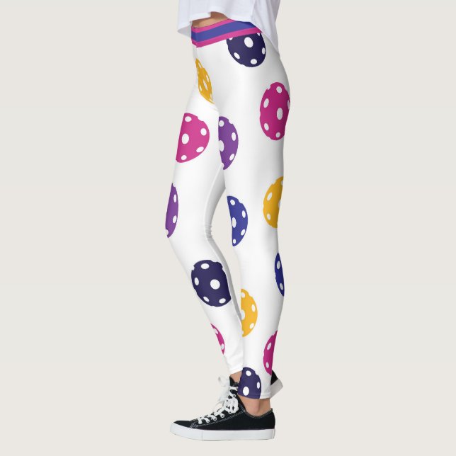 💛Yellow and 💜purple pickleballs on white Leggings (Left)
