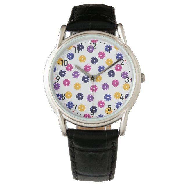 💛Yellow and 💜purple pickleballs on white Watch (Front)