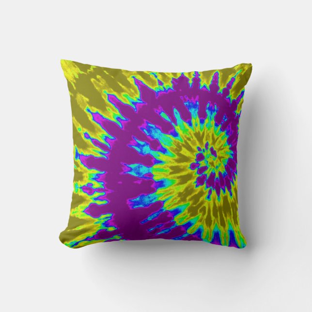 Yellow and Purple Spiral Tie Dye Pillow (Front)