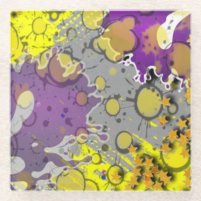 Yellow and purple splash glass coaster (Front)