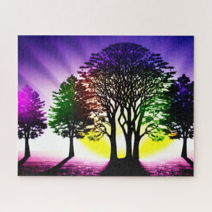 Yellow and Purple Sunset Behind Silhouetted Trees Jigsaw Puzzle