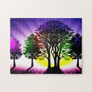 Yellow and Purple Sunset with Silhouetted Trees Jigsaw Puzzle