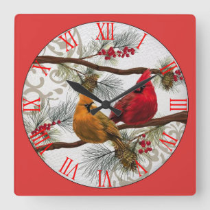 Yellow and Red Cardinals Roman Numeral Square Wall Clock