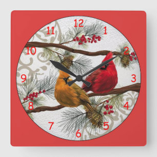 Yellow and Red Cardinals Square Wall Clock