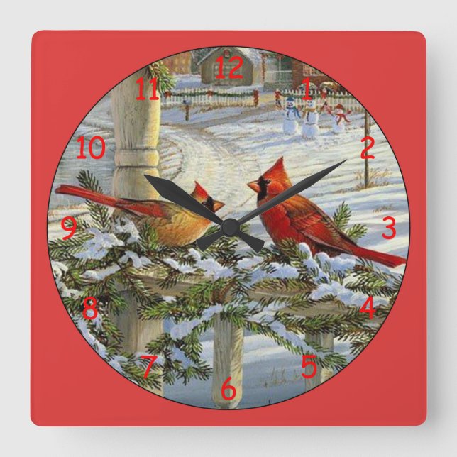 Yellow and Red Cardinals Square Wall Clock (Front)