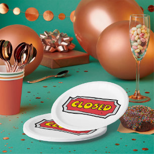 Yellow And Red Closed Sign Paper Plate
