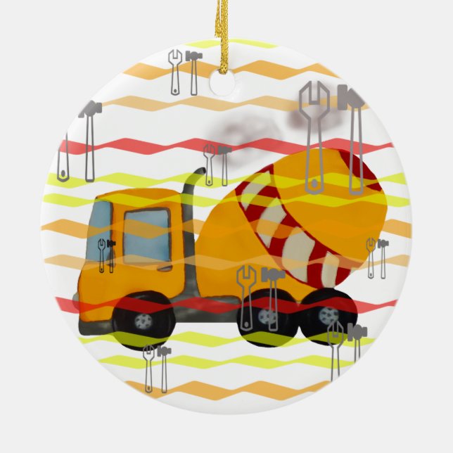 Yellow and red concrete mixer ceramic ornament (Back)