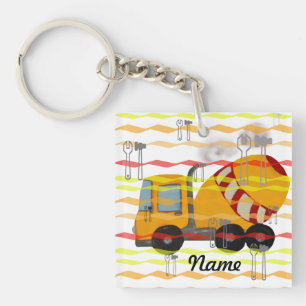 Yellow and red concrete mixer keychain