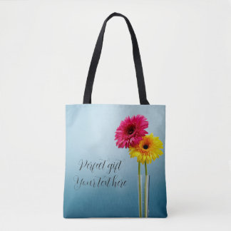 yellow and red flowers on blue for this tote