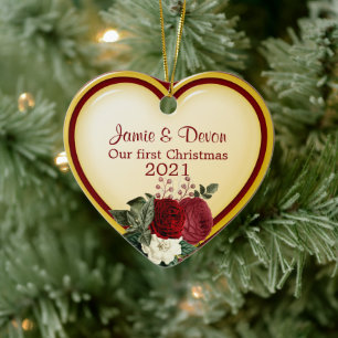 Yellow and Red Heart Newly Weds First Christmas  Ceramic Ornament