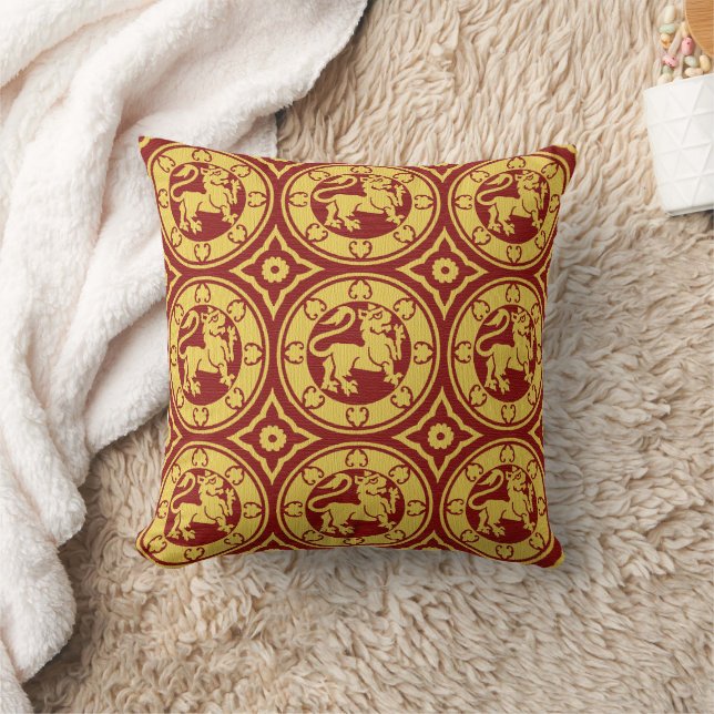 Yellow and Red Medieval Lions Throw Pillow (Blanket)