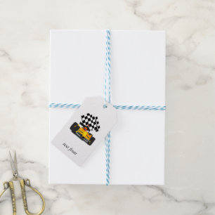 Yellow and Red Race Car with Chequered Flag Gift Tags