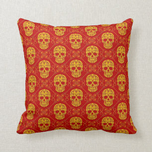 Yellow and Red Sugar Skull Pattern Throw Pillow
