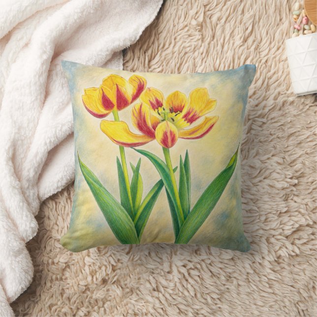 Yellow and Red Tulips Flat Card Throw Pillow (Blanket)