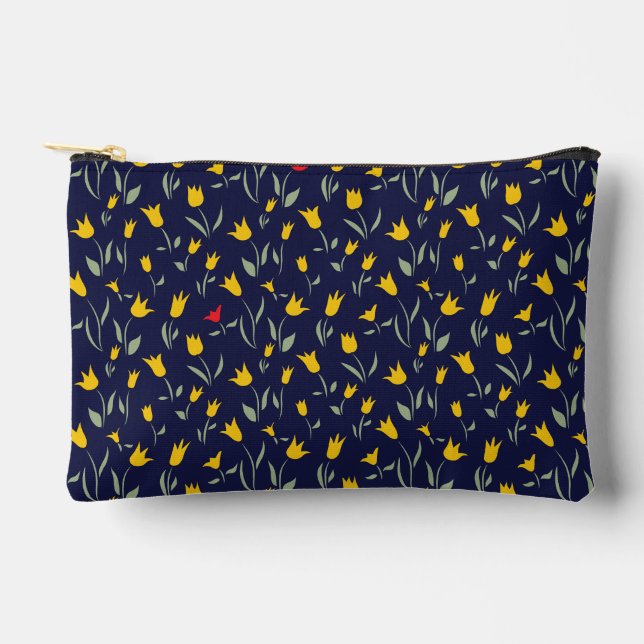 Yellow and Red Tulips on Navy Background Accessory Pouch (Front)