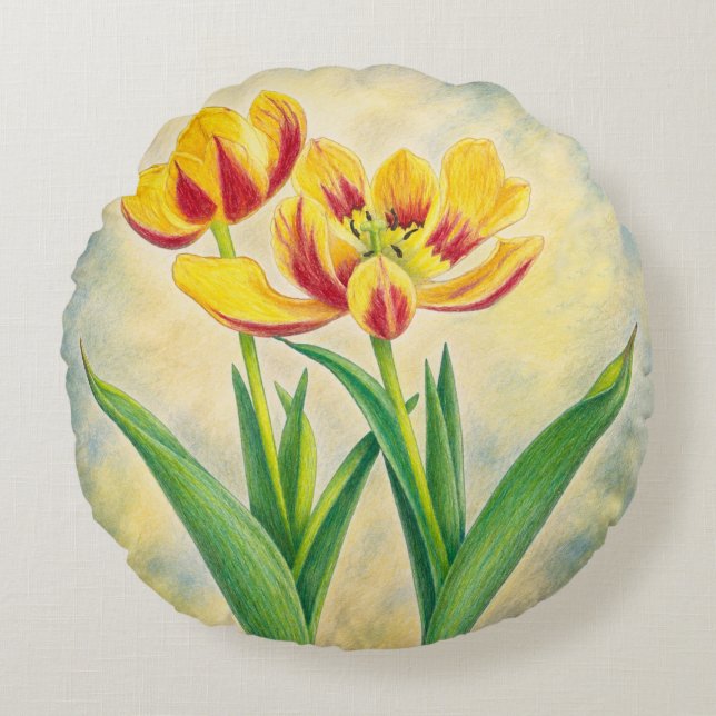 Yellow and Red Tulips Round Pillow (Front)