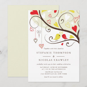Yellow and Red Whimsical Lovebirds Wedding Invitation