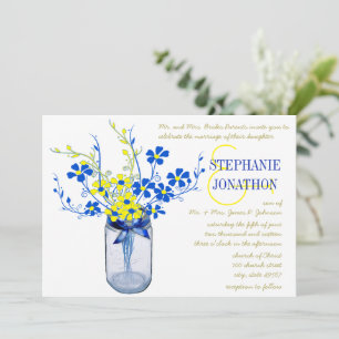Yellow and Royal Blue Mason Jar Wildflower Wedding Invitation